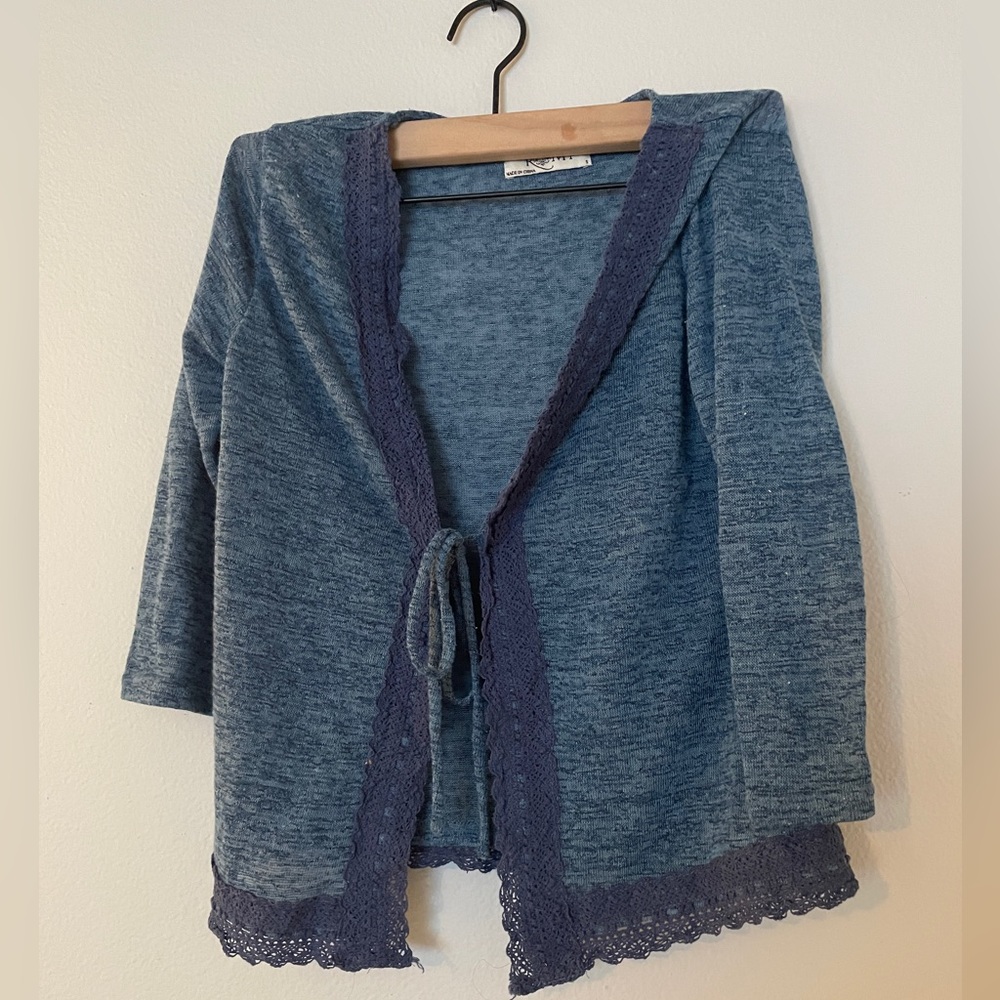 Romy Blue Marled Hooded Cardigan Sweater Lace Trim Boho Tie Front Women’s Size S